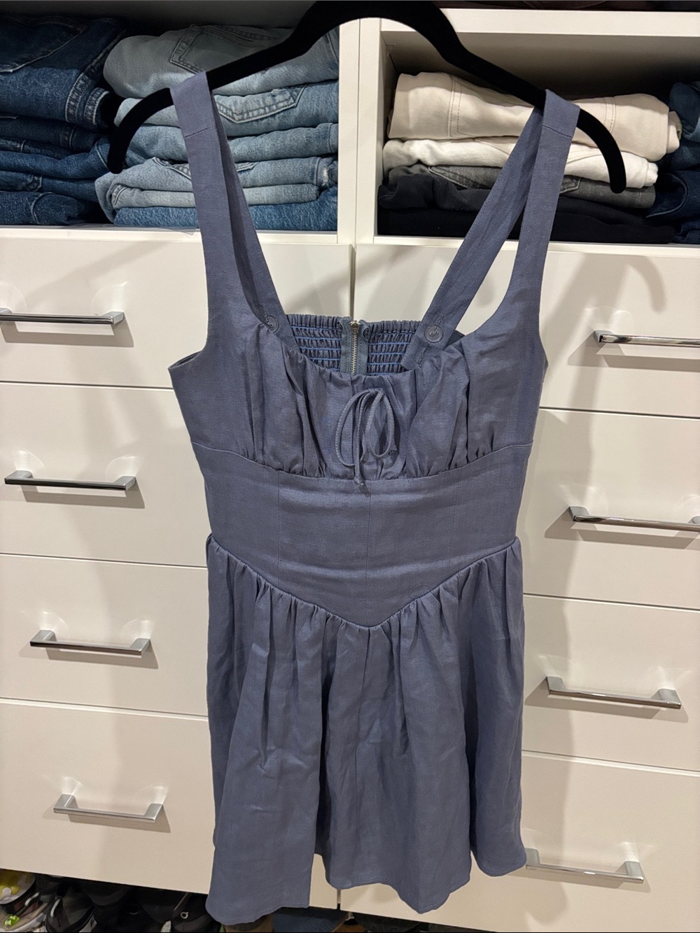 Reformation Slate Blue Mini Dress with Front Tie